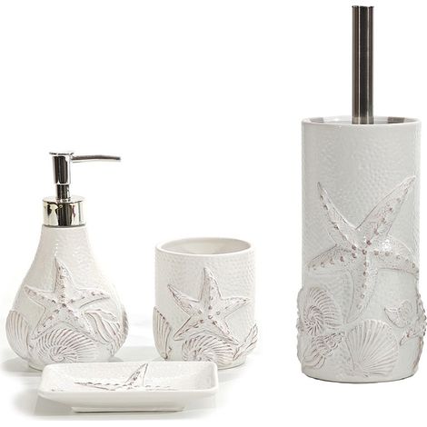 Set 4 Accessori Bagno in Ceramica Bianca Dispenser Sapone Porta Spazzolini Piattino Portascopino Decorazioni Marine Conchiglie e Stella Marina Design MARE Elegante Casa e Hotel (1/5)