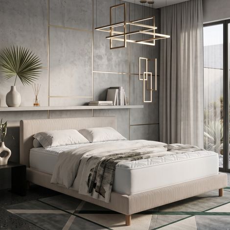 Lit velours côtelé 90x190 cm avec tête de lit coloris sable (1/4)