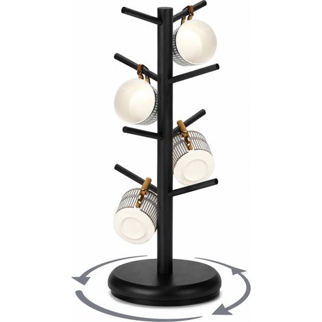Arbre à tasses à café, support de tasse en bambou rotatif à 360° pour comptoir, porte-tasses avec 8 crochets, support de tasse pour café, maison, noir (1/5)