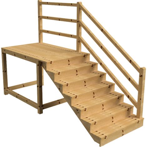 MILANO - Escalier en bois 7 marches H122 cm - avec contre-marches - Palier L120 x P189 cm - Rambardes escalier et palier à droite