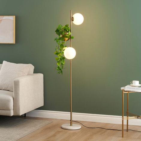 Goldfarbene Stehlampe mit weißem Glas und Pflanzenhalter -Ortensia