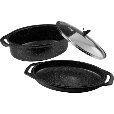 Marmite Ovale 3 Pièces PREMIUM 39 x 28 CM Fonte d'Aluminium avec Couvercle en Verre - Pradel