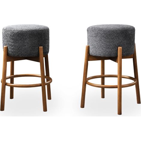 SULLY - Lot de 2 tabourets effet peau de mouton gris foncé et bois clair (1/3)