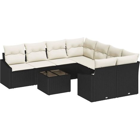 Sofa Set with Cushion 9 pcs Black and Cream Poly Rattan vidaXL