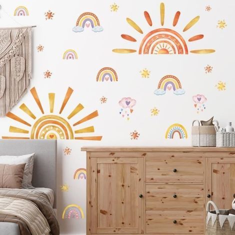 (Arc en ciel, soleil, étoiles)Stickers Muraux,Enfants Arc en Ciel Soleil Autocollants Muraux Mural Stickers Étoile Boho pour Chambre Enfants Bébé Pépinière (1/4)