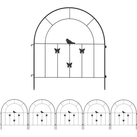 Barrière de jardin décorative en acier noir 300 x 70 cm, 5 panneaux, motifs papillons et oiseaux (1/5)