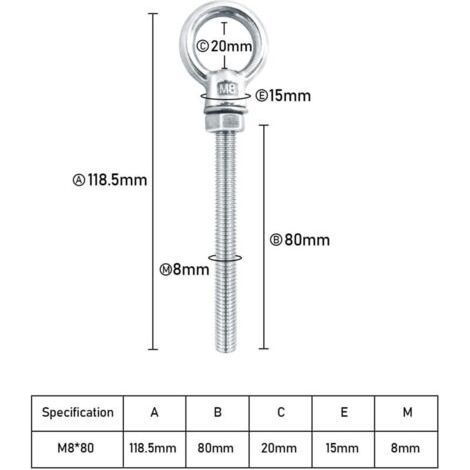FENOPLASTICABoulons à oeil M8 x 80 mm Vis à Anneau M8 avec filetage métrique en acier inoxydable pour Fixation et Suspension, 6 pièces (1/3)