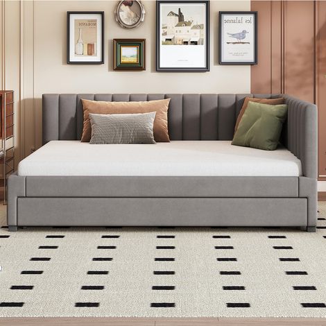 Lit rembourré 140200, canapé convertible, lit multifonctionnel avec sommier à lattes, tissu velours gris (1/5)