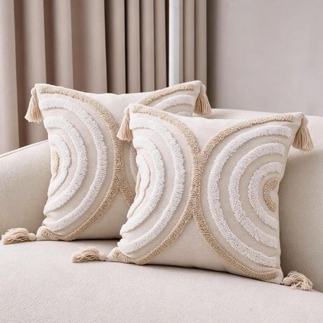 Taie d'oreiller - Style bohème - Ensemble de 2 pièces - Mélange coton-lin - Pompons - Texture douce - Fermeture éclair invisible - Convient aux canapés, lits et fauteuils - Cadeau élégant (Ronde en ve (1/5)