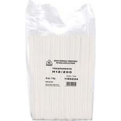 2KG COLLA TERMOFUSIBILE TRASPARENTE MM.12X200 utilizzo: per incollare, riparare o assemblare legno, plastica, ceramica, tessuti, cartoncino, ecc... sacchetto da kg.1