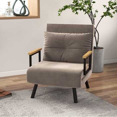 Sillón cama plegable de terciopelo, respaldo reclinable 5 posiciones, 63 x 73 x 81 cm, marrón claro (1/5)