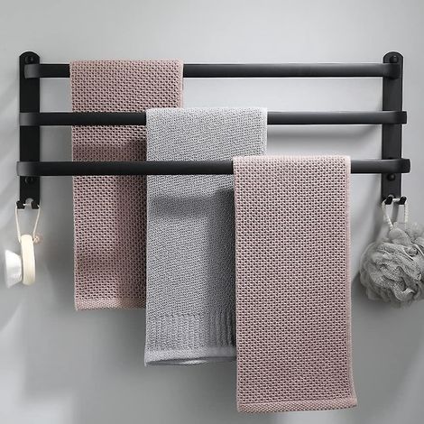 Porte-serviettes mural 3 niveaux en aluminium noir étanche avec crochets - 60 cm (1/4)