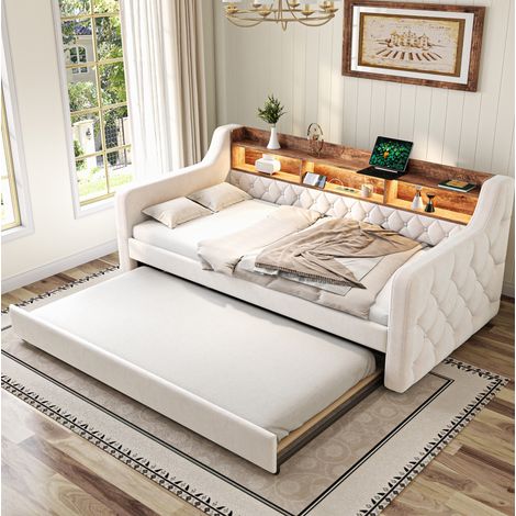 Letto estraibile 90x190 cm in velluto con contenitore, luce LED, porta USB Type-C, beige (1/5)