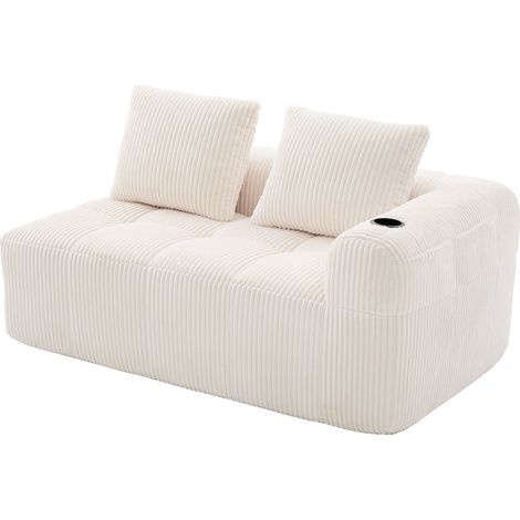 Sofá de 2 plazas en tejido de pana beige con bolsillos laterales y portavasos (1/5)