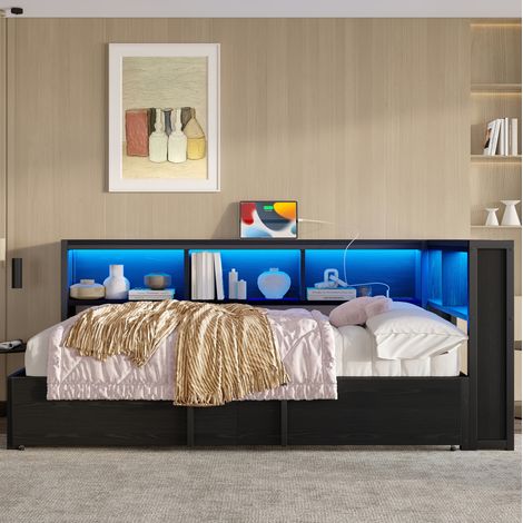Cama diván moderna de metal y MDF 90x200 cm negra con cama nido, 5 armarios, LED y puertos USB (1/5)