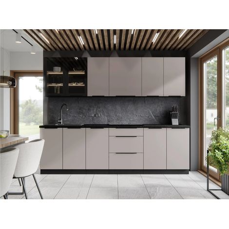 Azura Home Design – Cuisine complète Siena III 260 cm – Meubles en noir mat et beige – 4 meubles hauts et 4 meubles bas – Rangement optimal et esthétique moderne (1/5)