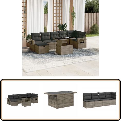 Salon de jardin 8 pcs avec coussins gris résine tressée - Ensemble Salon De Jardin - Mobilier De Jardin - Table Extensible - Chaise Pliante - Fauteuil Lounge
