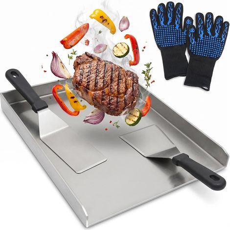Plaque de cuisson en acier inoxydable de 40 x 30 cm - 2 mm d'épaisseur - Avec 2 spatules et gants de protection haute température - Pour barbecue au gaz et au charbon - Taille universelle (1/5)