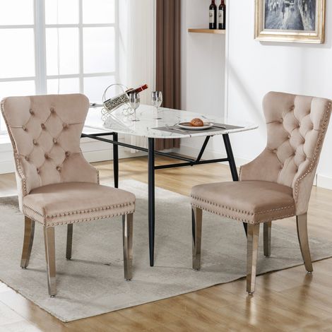 Set di 2 sedie da sala da pranzo in velluto beige, schienale capitonné, gambe in metallo, HAVRYA (1/5)