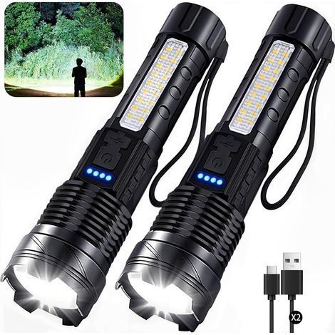 Linterna recargable de alta luminosidad, linterna LED de 7 modos, haz de luz súper brillante, resistente al agua IPX6, ajustable, para emergencias en el hogar y acampada, paquete de 2 (1/4)