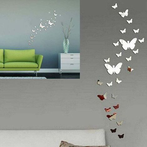 Stickers Papillons Muraux, 36 Pièces Stickers Miroir Papillon Acrylique Argent 3D Stikers Murals Papillon Decoration pour Salon Chambre Bureau (1/4)