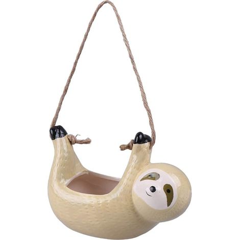 Pot de fleurs suspendu en forme de paresseux, en céramique, avec figurine d'animal mignon. À fixer au mur. Pot pour plantes grasses, idéal pour balcon, jardin ou décoration intérieure. (1/5)