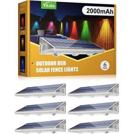 Lot de 6 lampes solaires d'extérieur de 2000 mAh, 7 couleurs et 8 modes d'éclairage, étanchéité IP67, lumières de clôture RVB pour jardin, terrasse, balustrade, piscine, porche (1/5)