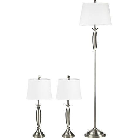 3-teiliges Lampenset: 1 Stehlampe + 2 Tischlampen, Leinenoptik, silber und weiß, 38 x 38 x 158 cm
