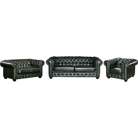 Canapés chesterfield 3 places 2 places et un fauteuil BRENTON 100% cuir de buffle - Vert Empire (1/5)