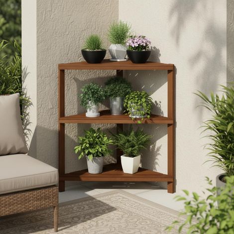 Support pour Plantes d'extérieur, étagère d'angle à 3 Niveaux, Support pour Plantes d'intérieur, extérieur, terrasse, Jardin, Balcon, Bois Clair (1/5)