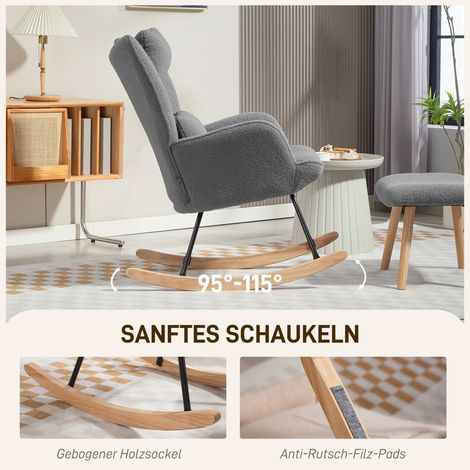 Fauteuil berçant avec repose-pieds, housse en polaire douce, piètement en bois, coussin, dossier haut, gris anthracite (1/4)