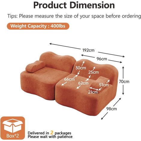 Canapé droit 2 Places Modulaire, Canapé en Mousse Haute Densité 32D - Design en Vague et Assise Profonde - Orange, Idéal Salon (1/5)