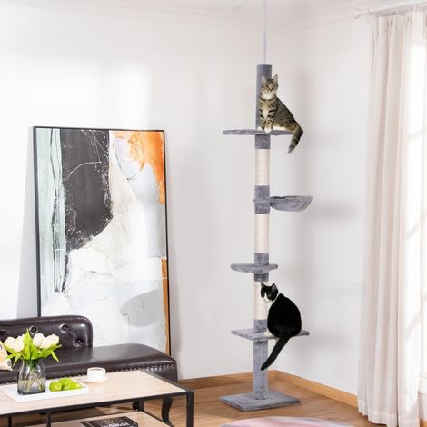 Arbre à chat plafond réglable, griffoir avec poteaux en sisal, gris, 40 x 34 x 230-260 cm (1/5)