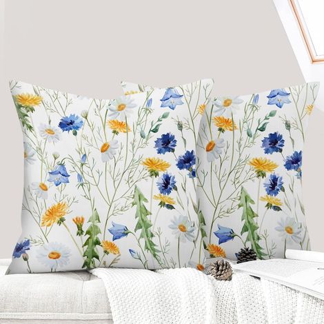 Lot de 2 Decorative Housse de Coussin 45x45 cm Flowers Housse de Canapé Décoratifs Motif Plante à Fleurs Sauvages Taie d'oreiller pour Maison Salon Chambre et Ferme - Marguerite Jaune