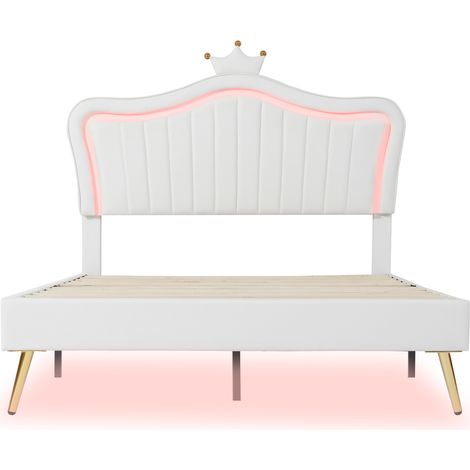 Letto imbottito bianco 140 x 200 cm con LED, testiera a corona, rete a doghe (1/5)