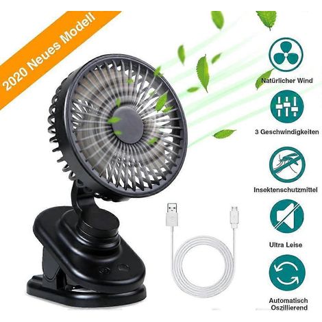 USB-Ventilator, leiser, tragbarer Tischventilator mit Clip, selbstoszillierend, 270°-Drehung, wiederaufladbar