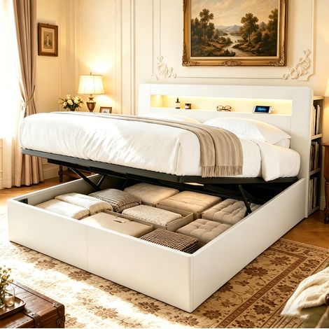 Cama dormitorio con almacenamiento LED blanca OKMYHOME (1/5)