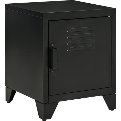 Table d’appoint métallique noire avec porte et étagère modulable, fonction table de chevet pour chambre et salon (50×40×47,5 cm)