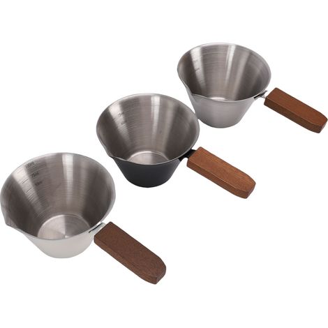 Set de 3 Tazas Medidoras Acero Inoxidable 304 con Mango de Nogal, 100 ml, Boquilla Antigoteo – Ideal para Café y Cocina (1/5)