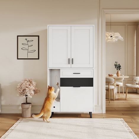 Mobile multifunzione per gatti, 80x40x161 cm, mobile contenitore con nicchia interna e cassetti per animali domestici, legno ingegnerizzato, bianco (1/5)