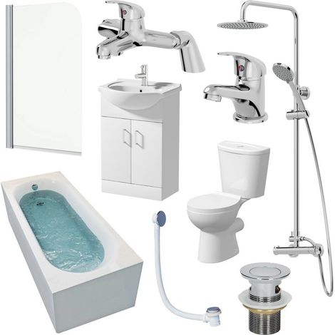Bathroom Suite 1700mm Single Ended Bath Screen Toilet Basin Vanity Taps Shower (1/5)