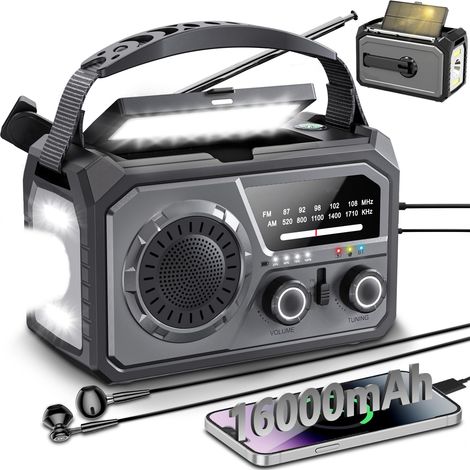 Radio à manivelle 16000 mAh, charge téléphone portable, solaire AM/FM, batterie externe rechargeable, dynamo, lampe de poche, alarme SOS, boussole, portable