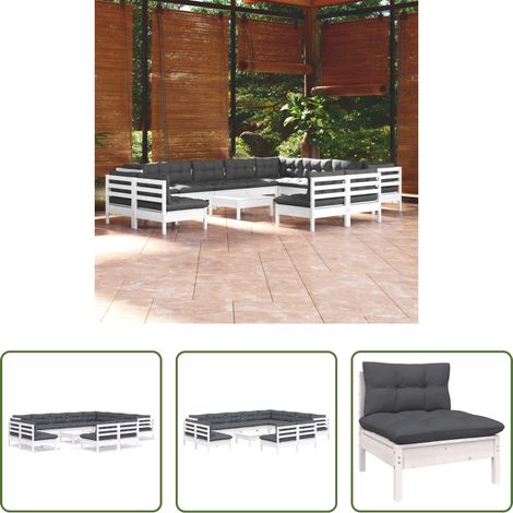 Terrassensofa - 13-tlg. Garten-Lounge-Set mit Kissen Weiß Massivholz Kiefer (1/5)