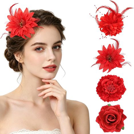 piezas de broches/pinzas para el cabello con flores artificiales rojas (1/5)
