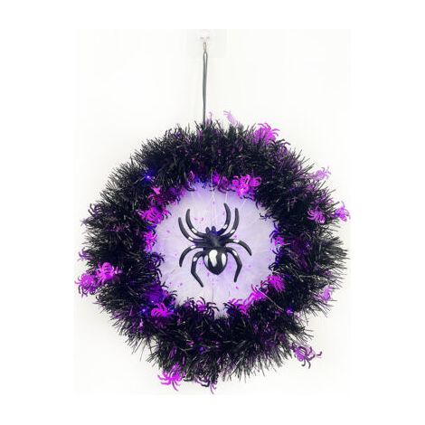 Couronne de porte d'Halloween avec lumières, couronne d'araignée décorative d'Halloween avec lumières violettes, décorations d'Halloween pour l'extérieur, l'intérieur et les fenêtres. (1/5)