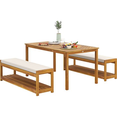 3-teiliges Teak-Gartenmöbelset – Tisch mit Sonnenschirmloch – 2 Bänke – Natur – 150 x 85 x 75 cm