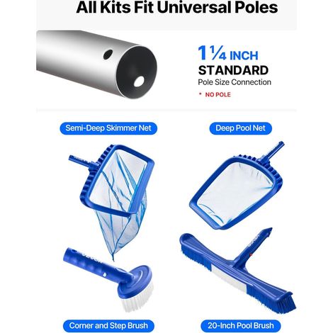 VEVOR Kit de Nettoyage de Piscine, 2 têtes de Brosse Amovibles 510 mm/140 mm et 2 épuisettes de Piscine Maille Fine, Ensemble d'outils de Nettoyage 4 en 1 pour Piscine creusée/Hors Sol, sans poteaux (1/4)