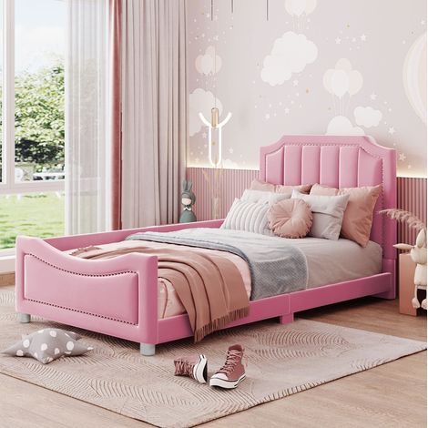 Kinderbett Polsterbett aus Flanell in Rosa 90x200 cm, mit Lattenrost und Rückenlehne (1/5)