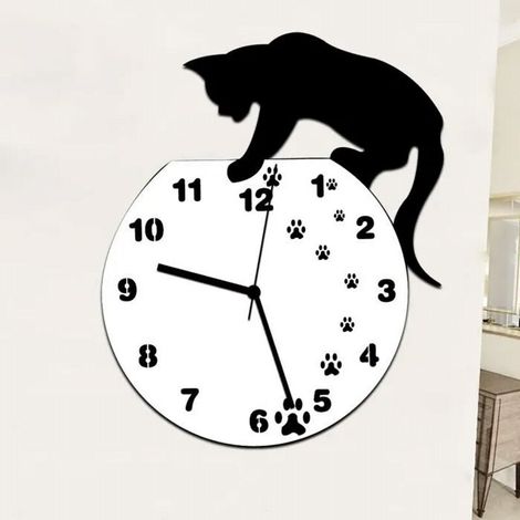 Horloge Murale Pendule 3D Chat Silencieuse DIY Décoration Idéale Pour Chambre Salon Cuisine Bureau Animal chat aux pas