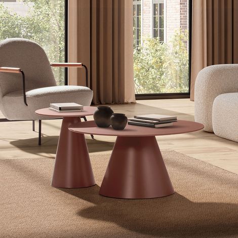 Lot de 2 tables basses rondes 45 et 80 cm en verre et métal terracotta